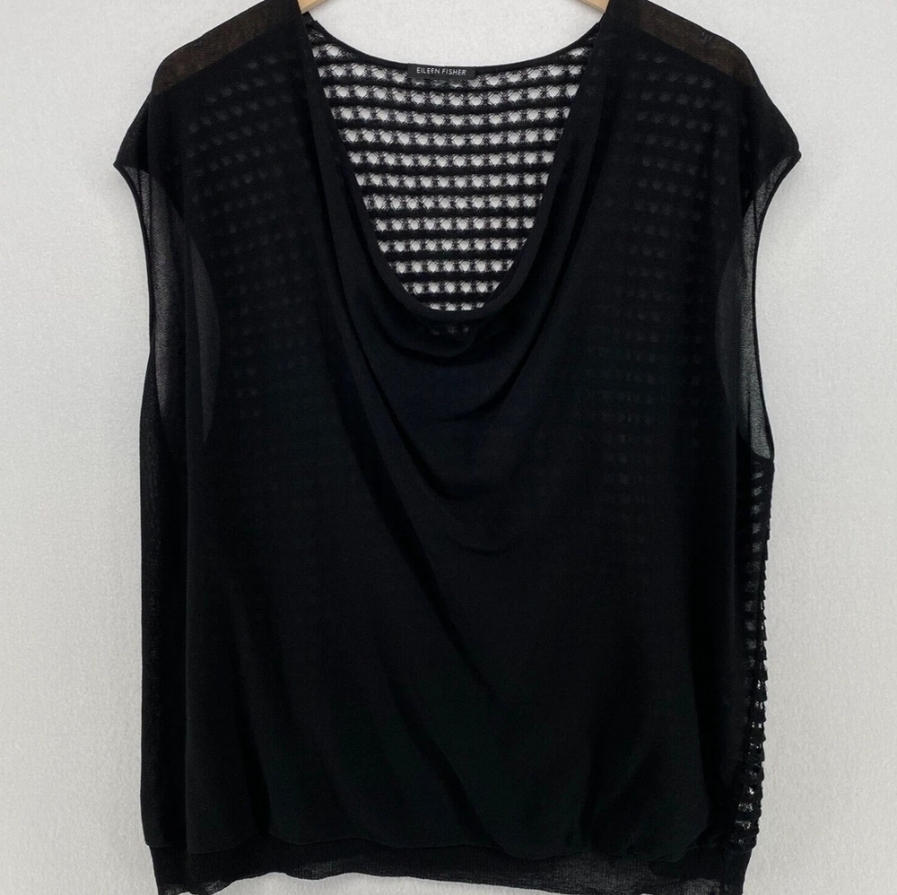 Eileen Fisher Black Sheer Drape Neck Women's Top